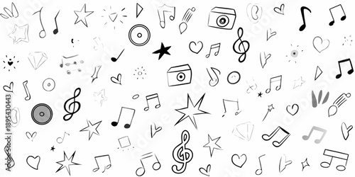 Black and white doodle pattern featuring musical notes hearts and symbols