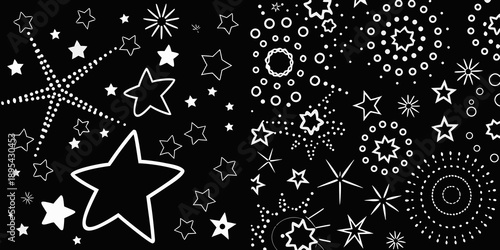 A collection of white stars circles and sparkling shapes on black