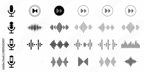 Collection of minimalist audio and music player control icons in grayscale
