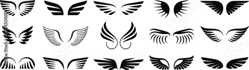 Angel wings silhouette collection, decorative flying wing designs, black tattoo emblem vector illustration
