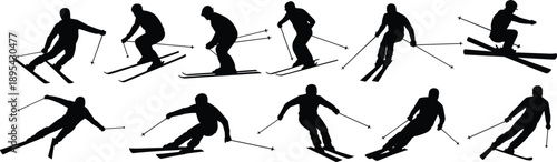 Alpine skiing silhouette set, downhill skier action poses, winter sport motion black vector illustration