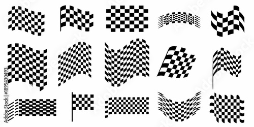 Collection of black and white checkered racing flags in various orientations