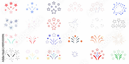 Colorful firework displays arranged in a grid pattern on a white background