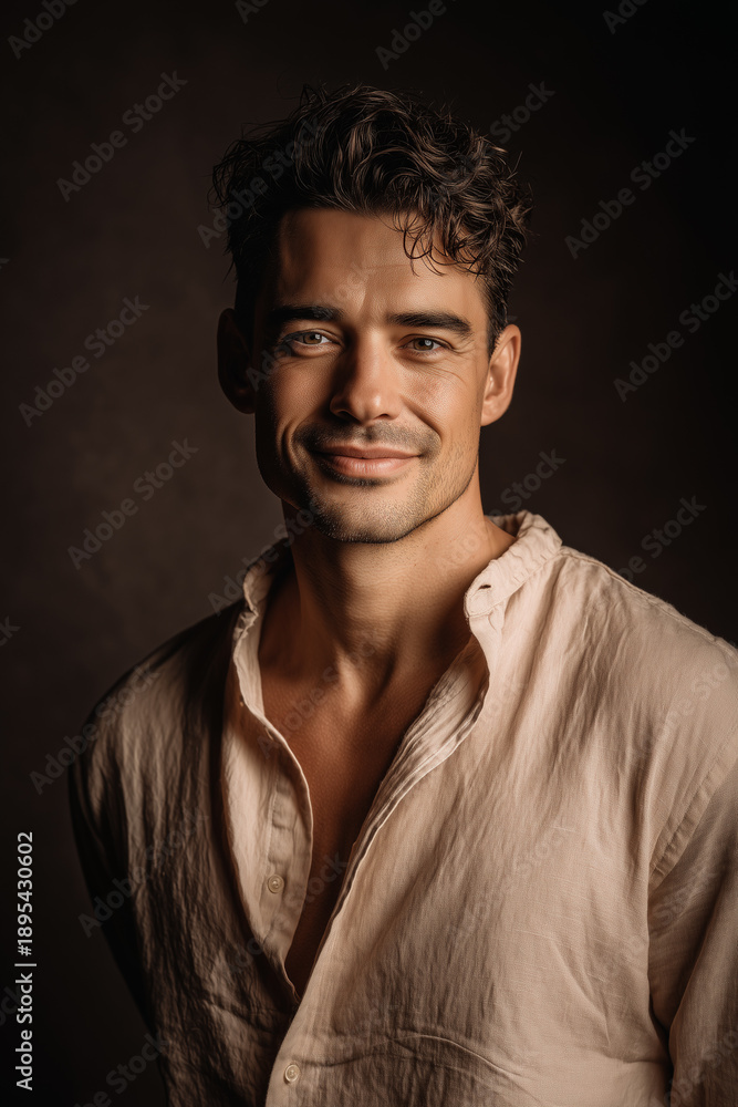 Fototapeta premium Smiling man in beige and cream romantic dating mood against dark blurred background