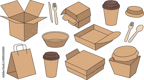 Eco friendly food packaging set, cardboard boxes cups bags, disposable takeaway containers vector illustration