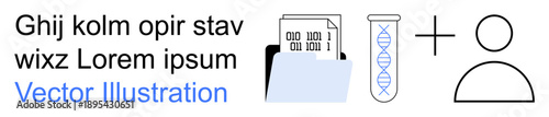 Science, data privacy, genetic research, file management, user data, bioinformatics. DNA helix in test tube, file folder and user icon combination. Genetic research and data privacy concept