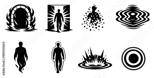 Manifestation and arrival effects in bold style: portal gateway, emerging silhouette, materialization particles, distortion waves, shadow form, glowing outline. Vector icons