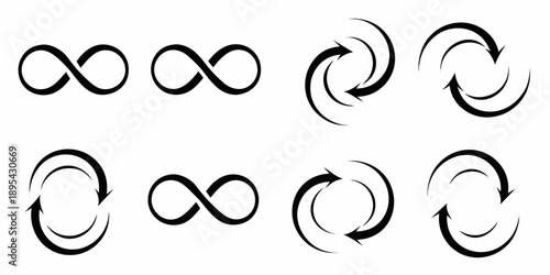 Black and white illustration of several looping arrows and infinity symbols