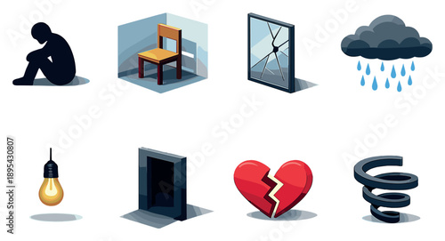 Isolation and Despair set of icons in flat isometric style: lone figure silhouette, empty room chair, cracked mirror, falling rain cloud, dim light bulb. Vector icons
