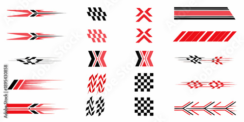 Collection of abstract speed lines and racing stripe designs in red and black
