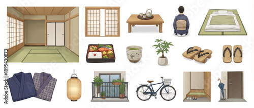Set of 15 Realistic Japanese Lifestyle Vector Illustrations Isolated