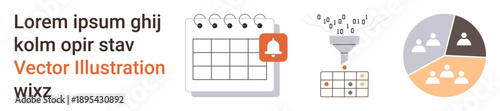 Data organization, task management, business planning, analytics, workflow optimization. Includes a calendar, data funnel, and pie chart. Data organization and task management concept
