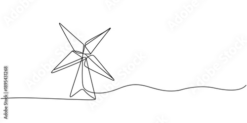 Continuous line drawing Origami paper windmill icon vector illustration concept, pinwheel continuous one line drawing, One line continuous drawing Pinwheel. pinwheel, continuous line drawing, small