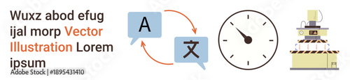 Translation services, time efficiency, workflow optimization, automation tools, digital interfaces, and multilingual support. Speech bubbles, clock and machine components. Translation services