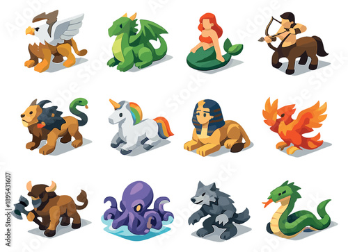 Hybrid Creatures set of icons in flat isometric style: griffin, dragon, mermaid, centaur, chimera, unicorn, sphinx, phoenix, minotaur, kraken, werewolf. Vector icons