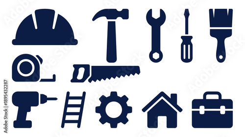 A comprehensive collection of dark blue flat icons representing various construction equipment and home maintenance tools for professional building and DIY projects