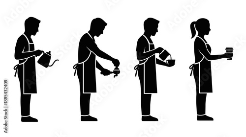 Collection of black silhouettes depicting professional baristas making coffee including pouring water tamping grounds creating latte art and serving a hot drink