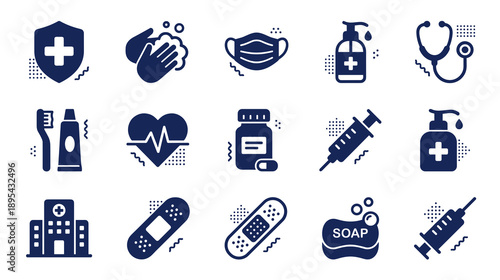 Comprehensive collection of healthcare and sanitation icons including hand washing face mask medical equipment first aid supplies and hospital building for hygiene