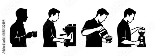 Set of black silhouettes depicting a professional barista grinding coffee beans using an espresso machine pouring latte art and enjoying a hot drink