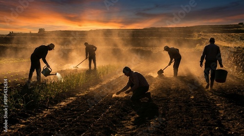 Silhouetted agricultural workers in dusty field during golden hour sunset planting seeds and watering crops with traditional hand tools and equipment