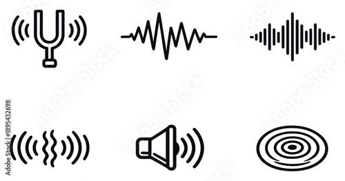 Resonance Effects in outline style: Tuning Fork, Waveform, Sound Wave, Vibration Lines, Speaker, Circle Ripple. Vector icons