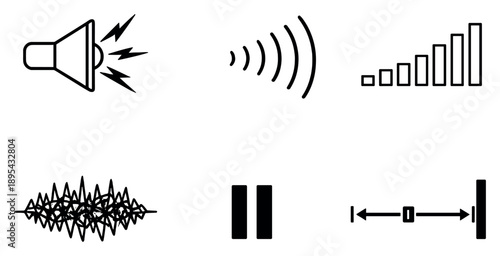 Sound intensity contrast in outline style: loudspeaker blast lines, fading sound waves, volume level meter, noise interference pattern, silence pause symbol. Vector icons
