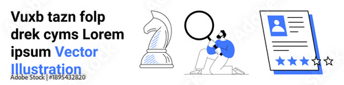 Strategic planning, recruitment, business analysis, career development, decision-making, research. Chess knight, magnifying glass and profile with rating. Strategic planning and recruitment
