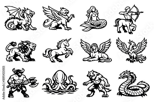 Hybrid Creatures in outline style: dragon, griffin, mermaid, centaur, chimera, unicorn, sphinx, phoenix, minotaur, kraken, werewolf, basilisk. Vector icons