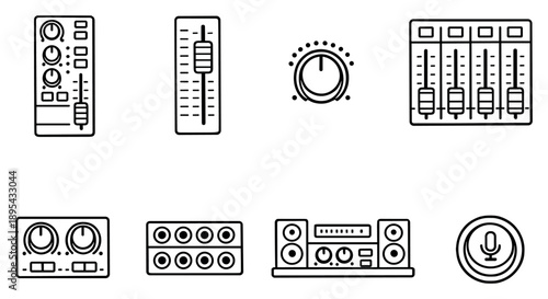 Mixing Console Sections in outline style: input channel strip, master fader, auxiliary send knob, subgroup bus, effects return, patch bay port, control room. Vector icons