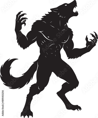 A powerful black silhouette of a muscular werewolf in a menacing pose, howling with claws extended monster also transparent background