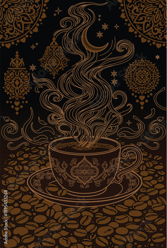 Cup of coffee on a dark background with beans and an oriental pattern