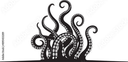 A cluster of black silhouette octopus tentacles with prominent suction cups rising upwards in a dramatic, organic formation against a stark white background also transparent background