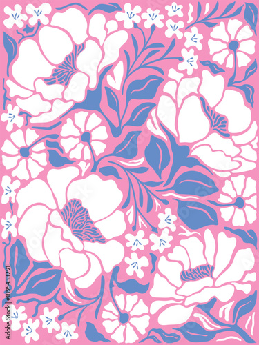 Hand drawn seamless pattern with beautiful flowers and branches. Vector illustration, retro style. Can be used for embroidering flowers, wallpaper, packaging etc.	