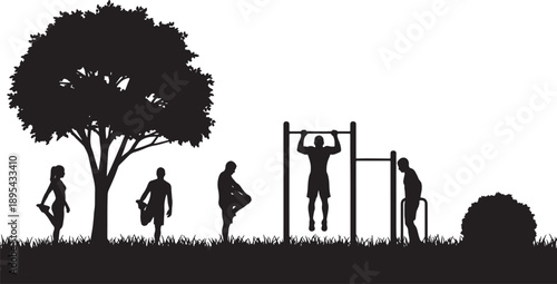 Black silhouettes of people exercising outdoors with a tree and grass on a transparent background also transparent background