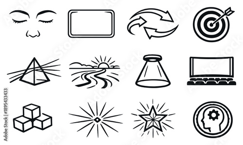 Focused imaginative visualization in outline style: closed eyes focus, visualization screen frame, mental rehearsal arrows, goal imagery target, clarity prism. Vector icons