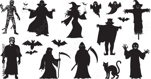 Comprehensive Halloween silhouette set with mummy, vampire, ghosts, witches, scarecrows, grim reapers, and a black cat for festive also transparent background