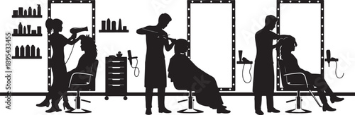 Silhouette of a busy hair salon with multiple stylists and clients, featuring shelves of products, styling stations, and mirrors also transparent background
