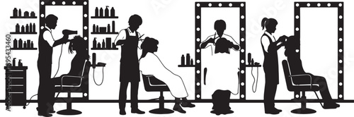 Silhouette of a busy hair salon with stylists attending to clients at vanity mirrors and stations showcasing hair care products and equipment also transparent background