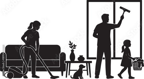 Silhouette of a family cleaning their home with a vacuum cleaner, window squeegee, and laundry basket, accompanied by a dog also transparent background