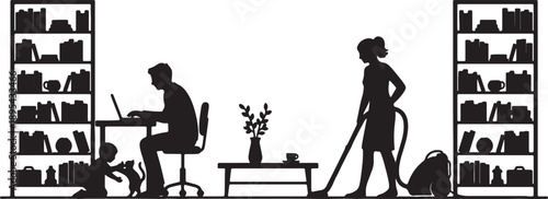 Silhouette of a family and pet in a library setting with bookshelves, a desk, and cleaning activities including vacuuming and a child playing also transparent background