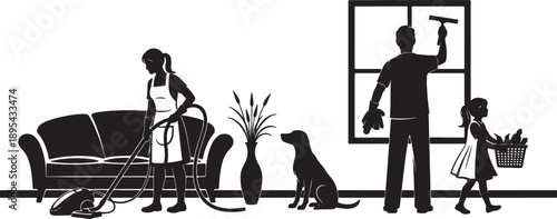 Silhouette of a family cleaning their home, including a woman vacuuming, a man cleaning a window, a child with laundry, and a dog also transparent background