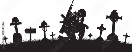 Silhouette of a kneeling soldier in a graveyard with various tombstones and grass also transparent background