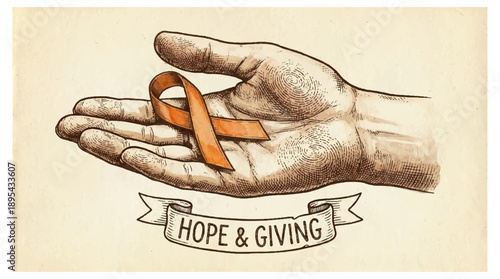 An open hand holding an orange awareness ribbon on a beige background with a 'hope giving' banner