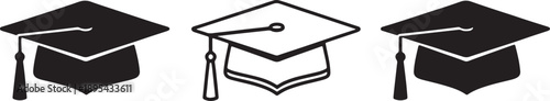 Three black and white graduation caps with tassels on a transparent background also transparent background