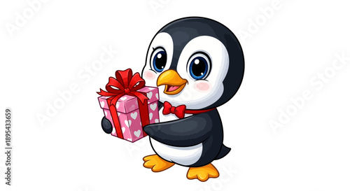 Cartoon Penguin Holding Gift Box with Ribbon.