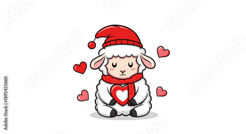 Cute Cartoon Sheep with Red Hat and Hearts.
