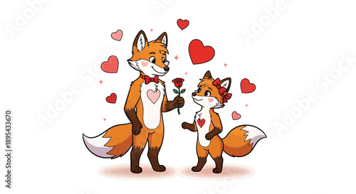 Cartoon Fox Couple with Heart and Flowers.