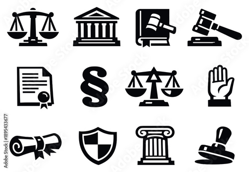 Justice legal principles flat vector icons in bold style: scales of justice, courthouse building, law book, gavel, legal document, paragraph symbol, balance. Vector icons