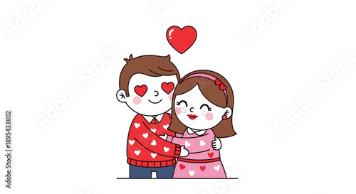 Cartoon Couple Embracing with Heart Symbol.