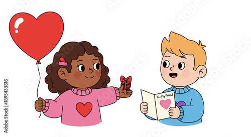 Cartoon Children Exchanging Valentines Day Gifts.